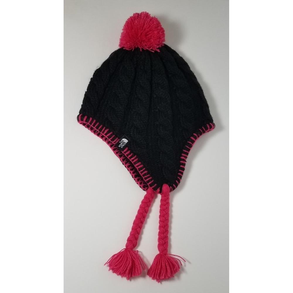 The North Face Fuzzy Earflap Beanie Braids Poms Black Pink Hat Youth Girls Small